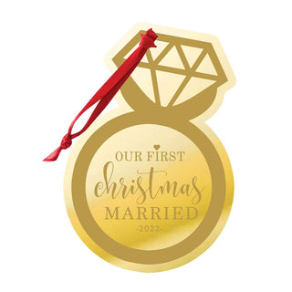 2026 Gold Mirror Acrylic First Christmas Married Personalized Ornament #ACOR-PERS-RING23-MRGD - Ornament