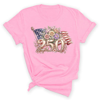 250 Flowers and Flag Shirt Patriotic Floral American Flag Tee #HPTS43-250ROSE - Small / Light Pink - Screen Printed