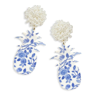 Blue Floral Acrylic Pineapple Earrings #ACE-BLUFLR-PINE