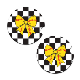 Softball Bow Car Coaster 2 pc Set #SPACK-CC132-SBBOW25