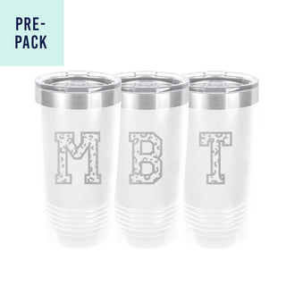 Varsity Single Initial White 20oz Insulated Tumbler 14 pc Set #PACK-TWB20-VARWHT
