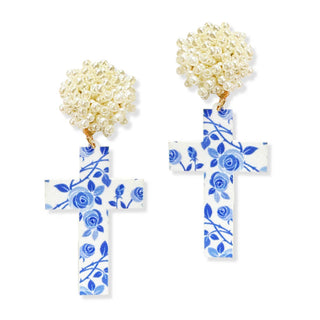 Blue Floral Acrylic Cross Earrings #ACE-491PRL-CROSS-BLUFLR