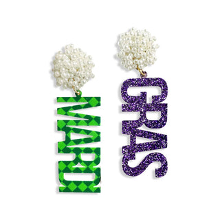 Green Check & Purple Glitter Mardi Gras Earrings #ACE-491PRL-MG-GNCKPR