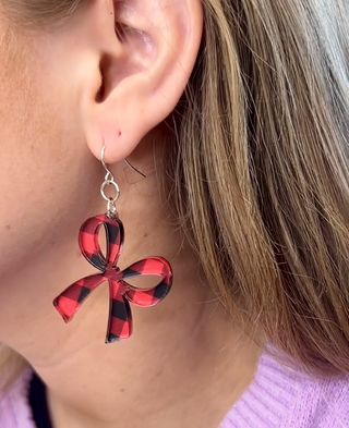 Red Buffalo Plaid Acrylic Bow Earrings Christmas Checkered Dangle Jewelry #ACE-300SV-BOW-REDCHK
