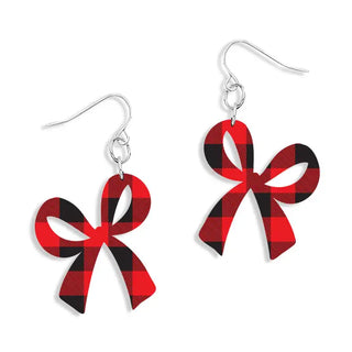 Red Buffalo Plaid Acrylic Bow Earrings Christmas Checkered Dangle Jewelry #ACE-300SV-BOW-REDCHK