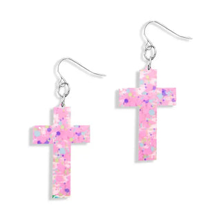 Pink Acrylic Glitter Cross Earrings Christian Faith Dangle Jewelry Gift #ACE-300SV-CROSS-PKC