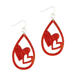 Red Glitter Acrylic Heart Earrings Teardrop Valentine Dangle Jewelry #ACE-300SV-HRTTD-REDGLT