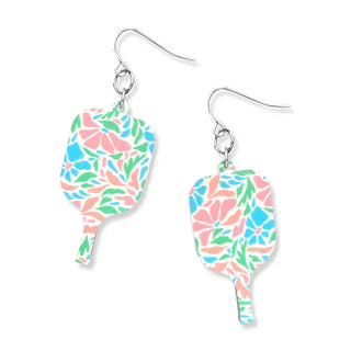 Floral Pickleball Paddle Acrylic Earrings Colorful Dangle Sports Jewelry #ACE-300SV-PAD-SADIE