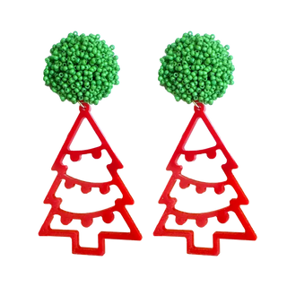 Christmas Tree Earrings Red Green Beaded Holiday Statement Jewelry #ACE-3620GR-SEAS-RED