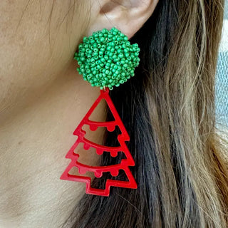 Christmas Tree Earrings Red Green Beaded Holiday Statement Jewelry #ACE-3620GR-SEAS-RED