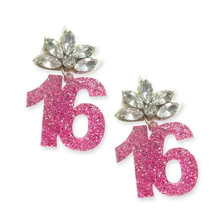 Pink Glitter Sweet 16 Earrings Rhinestone Birthday Party Jewelry #ACE-489CRY-16-PKGLT