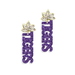 Purple Acrylic Glitter Tigers Earrings Game Day Crystal Statement Jewelry #ACE-489CRY-TIGERS-PURGLT