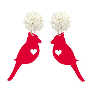 Red Cardinal Acrylic Earrings Pearl Beaded Bird Heart Statement Jewelry #ACE-491PRL-CARD-RED