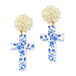 Blue Floral Lilac Cross Earrings, Christian Jewelry, Faith Gift #ACE-491PRL-CROSS-BLUFLR