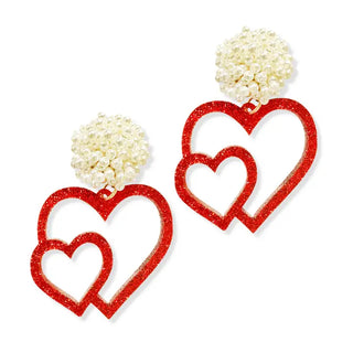 Red Glitter Heart Acrylic Earrings Pearl Beaded Valentine Statement Jewelry #ACE-491PRL-HRTS-REDGLT