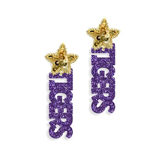 Purple Glitter Acrylic Tigers Earrings Gold Star Game Day Statement Jewelry #ACE-896STR-TIGERS-PURGLT