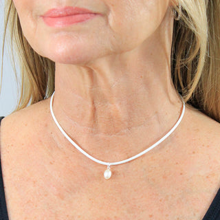 White Leatherette Choker Necklace with Pearl Charm #ACN2671WHT-PEARL