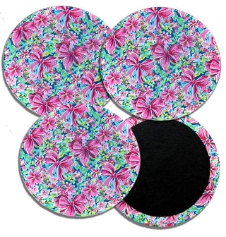 Leather Backed Pink Bows 4 pc Coaster Set Home Decor Gift #ACS-LB-PKBOW