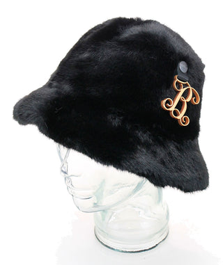Personalized Super Soft Faux Fur Bucket Hat with Custom Vine Initial Cipher #HFUR114-BLK-GOLD