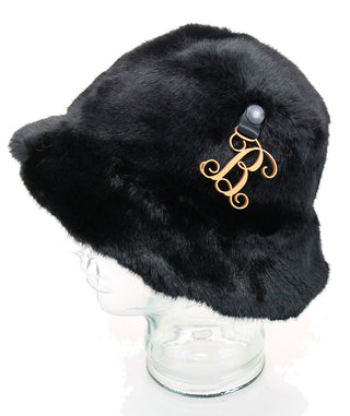 Personalized Super Soft Faux Fur Bucket Hat with Custom Vine Initial Cipher #HFUR114-BLK-GOLD