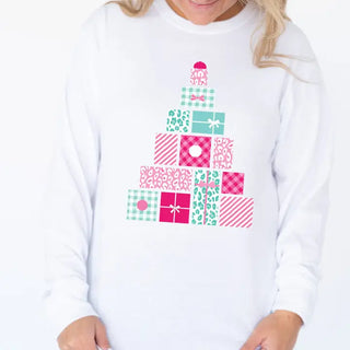 Christmas Present Tree Long Sleeve Shirt Pink Holiday Graphic Tee #HPLS-PKPRES