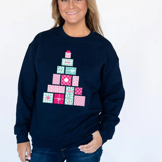 Christmas Present Tree Sweatshirt Navy Holiday Gift Box Crewneck #HPSW-PKPRES