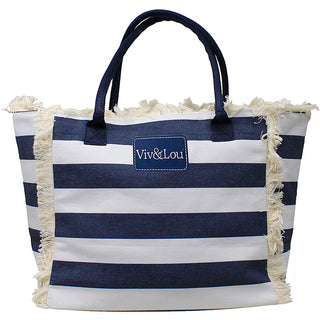 Viv&Lou® Navy Striped Cotton Fringed Tote #M4265WU-VLU