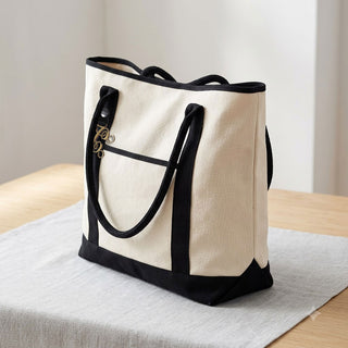 Black Canvas Tote Bag for Women Personalized with Gold Acrylic Vine Initial #M733BLK-GOLD