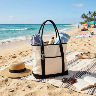 Black Canvas Tote Bag for Women Personalized with Gold Acrylic Vine Initial #M733BLK-GOLD