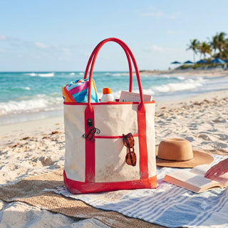 Red Trim Canvas Tote Bag for Women Personalized with an Acrylic Vine Initial #M733RED-BLACK