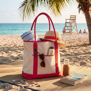 Red Trim Canvas Tote Bag for Women Personalized with an Acrylic Vine Initial #M733RED-BLACK