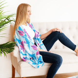 Lightweight colorful abstract Wrap Shawl Cover-up with open front design and soft acrylic fabric. Perfect for layering over tanks and casual summer outfits. Get Lost Emma Top #MA292VL-LOST