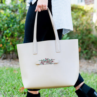 Large Taupe Tote with Snap off Acrylic Panel Everyday Handbag #MG892T