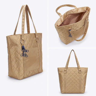 Gold Satin Quilted Fashion Tote Shoulder Bag with Black Acrylic Vine Initial #P458GOLD-ADK