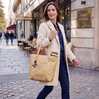Gold Satin Quilted Fashion Tote Shoulder Bag with Black Acrylic Vine Initial #P458GOLD-ADK