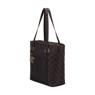Black Satin Quilted Fashion Tote Shoulder Bag with Gold Acrylic Vine Initial #P458BLK-ACG