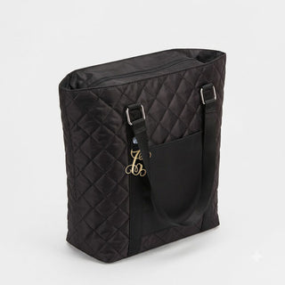 Black Satin Quilted Fashion Tote Shoulder Bag with Gold Acrylic Vine Initial #P458BLK-ACG