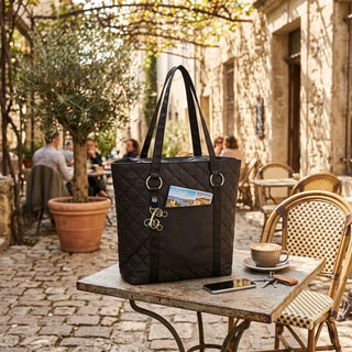 Black Satin Quilted Fashion Tote Shoulder Bag with Gold Acrylic Vine Initial #P458BLK-ACG
