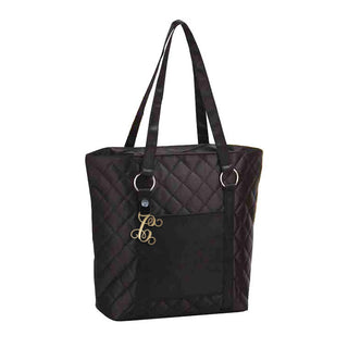 Black Satin Quilted Fashion Tote Shoulder Bag with Gold Acrylic Vine Initial #P458BLK-ACG