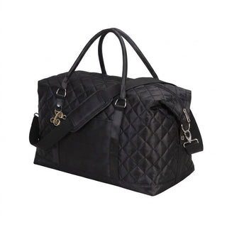 Black Satin Quilted Fashion Duffle Bag with Gold Acrylic Vine Initial #P473XBLK-ACG