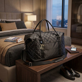 Black Satin Quilted Fashion Duffle Bag with Gold Acrylic Vine Initial #P473XBLK-ACG