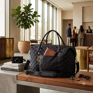 Black Satin Quilted Fashion Duffle Bag with Gold Acrylic Vine Initial #P473XBLK-ACG