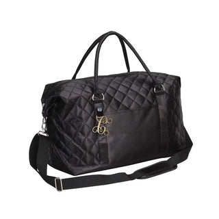 Black Satin Quilted Fashion Duffle Bag with Gold Acrylic Vine Initial #P473XBLK-ACG