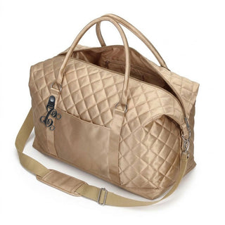 Gold Satin Quilted Fashion Duffle Bag with Gold Acrylic Vine Initial #P473XGOLD-ACK