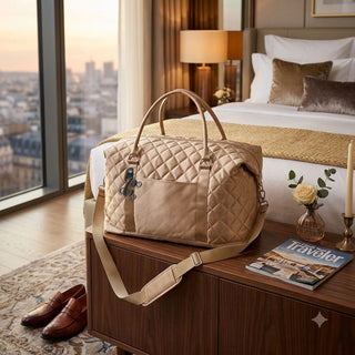 Gold Satin Quilted Fashion Duffle Bag with Gold Acrylic Vine Initial #P473XGOLD-ACK