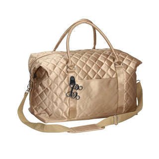 Gold Satin Quilted Fashion Duffle Bag with Gold Acrylic Vine Initial #P473XGOLD-ACK