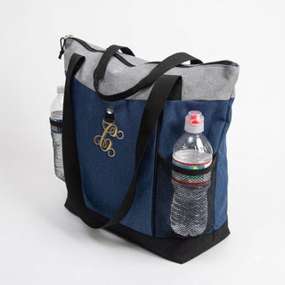 Lightweight Blue & Gray Tote Shoulder Bag with Gold Acrylic Vine Initial #P881BLU-ACG