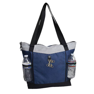 Lightweight Blue & Gray Tote Shoulder Bag with Gold Acrylic Vine Initial #P881BLU-ACG