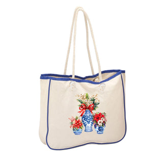 Blue Floral Vase Holiday Rope Bag Canvas Caryall Tote #P890WU-CHFLR