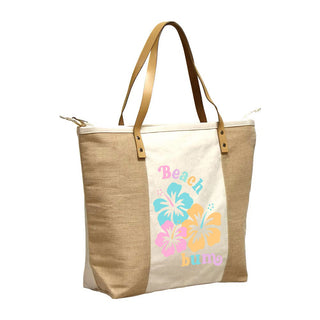 Beach Bum Hibiscus Canvas & Jute Zippered Carryall Tote Bag #P893JUTE-BBUM